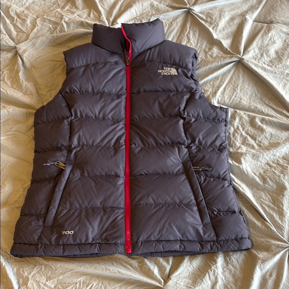 The North Face blue nuptse Puffer Vest, pink lining